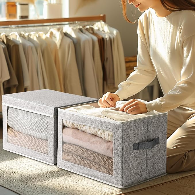 Large Storage Baskets Bins with Lids - Stackable Cube Bins for Closet, 3 Pack Windows Organizer Bins, Home Organizers and Storage for Clothes, CD, Towels, Light Grey - Image 3
