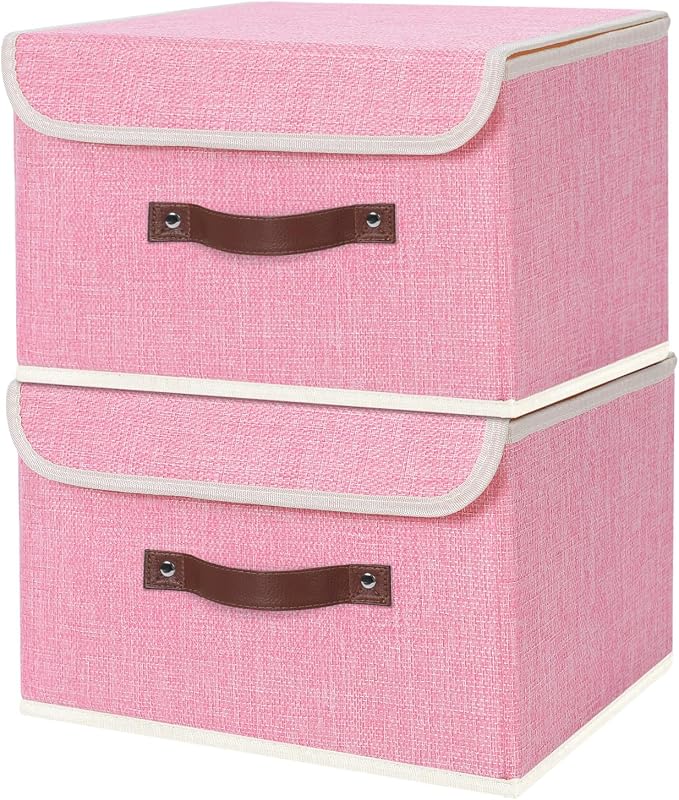 ANMINY Fabric Storage Box Bins with Lids, Pink, 13"x9"x7.9", 2 Pack | Keepsake Memory Storage, Cotton Linen, PP Board Reinforced, Washable, PU Handles, Foldable & Stackable, Decorative, Medium by ANMINY