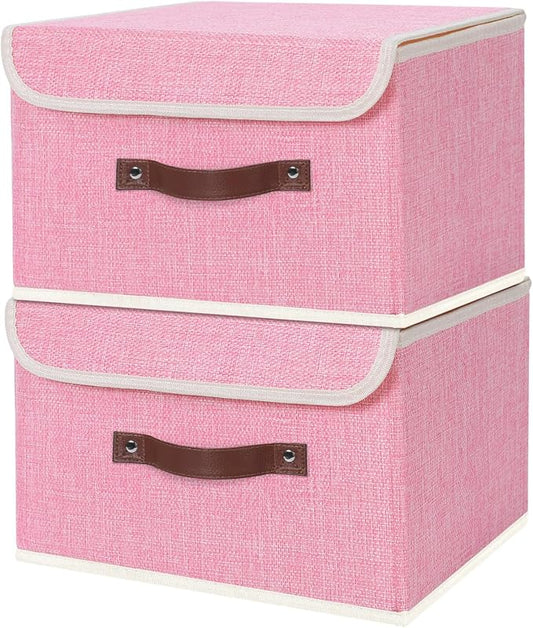ANMINY Fabric Storage Box Bins with Lids, Pink, 13"x9"x7.9", 2 Pack | Keepsake Memory Storage, Cotton Linen, PP Board Reinforced, Washable, PU Handles, Foldable & Stackable, Decorative, Medium by ANMINY