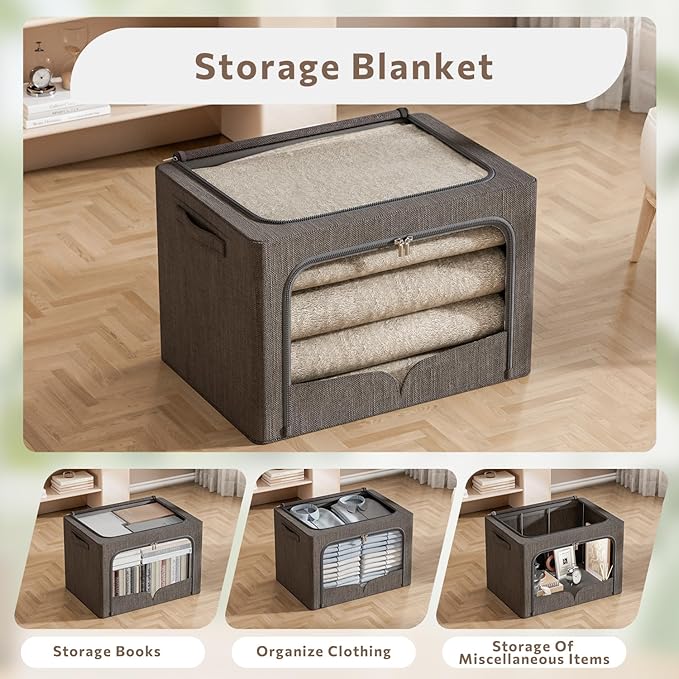FHSQX 3 Pack Extra Large Clothes Storage Bins Foldable Metal Frame Storage Box Stackable Linen Fabric Organizer Set with Carrying Handles and Clear Window (Dark Gray, 23.6x16.5x15.7inch(100L)) - Image 4