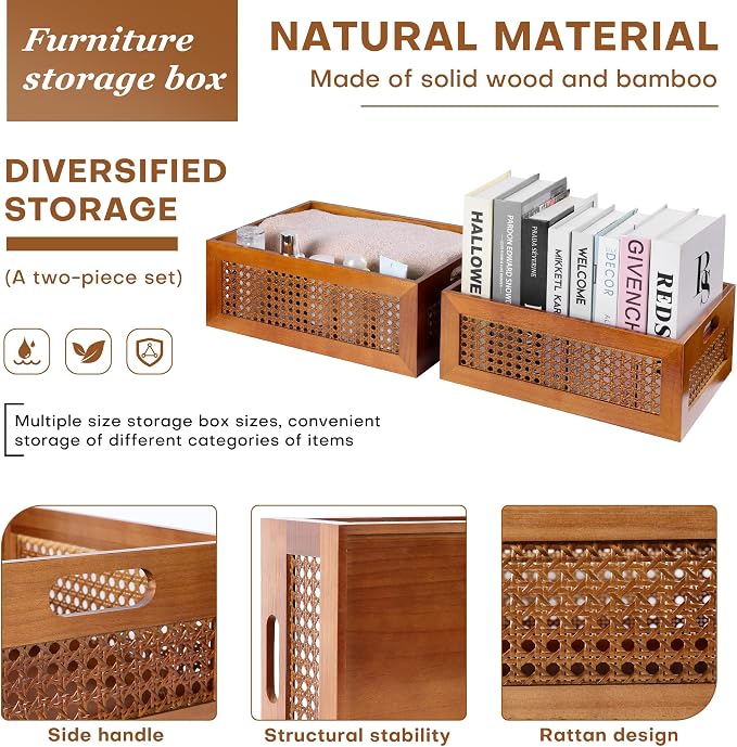 Rattan Wooden Box Set of 2 Handmade Decorative Storage Basket with Handles | Natural Bamboo Woven Storage Basket Rustic Farmhouse Decor Home Office Tabletop Shelf Drawer Closet Desk Organizer, Brown - Image 3