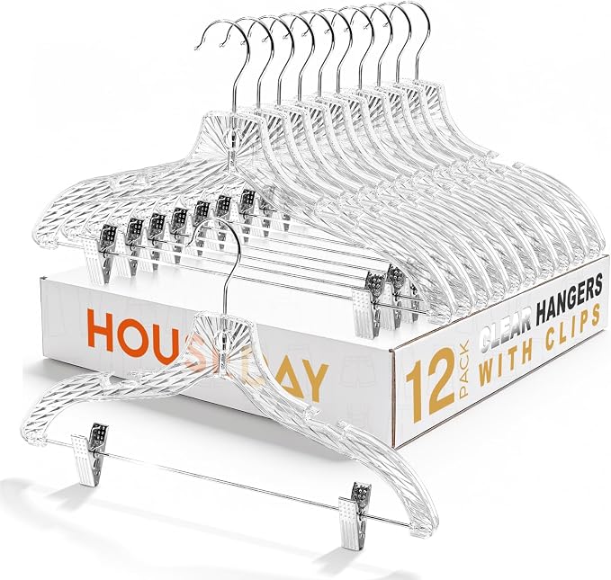 HOUSE DAY Clear Hangers with Clips 12 Pack, Set Hanger for Tops and Bottoms | Clear Clothes Hangers with Adjustable Clips, Shoulder Notches and Swivel Hook for Pants, Skirts, Dresses and Tops by HOUSEDAY