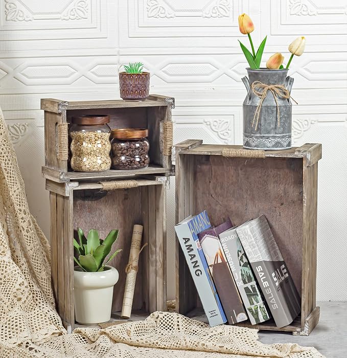 TIMRIS Set of 3 Rustic Wood Nesting Crates, Farmhouse Wooden Storage Container Boxes with Cutout Handles, Decorative Wooden Baskets for Display (Rustic Gray) - Image 6