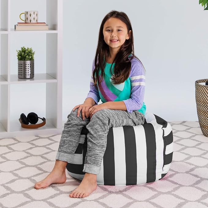 Posh Stuffable Kids Stuffed Animal Storage Bean Bag Chair Cover - Childrens Toy Organizer, Medium 27" - Canvas Stripes Gray and White - Image 4