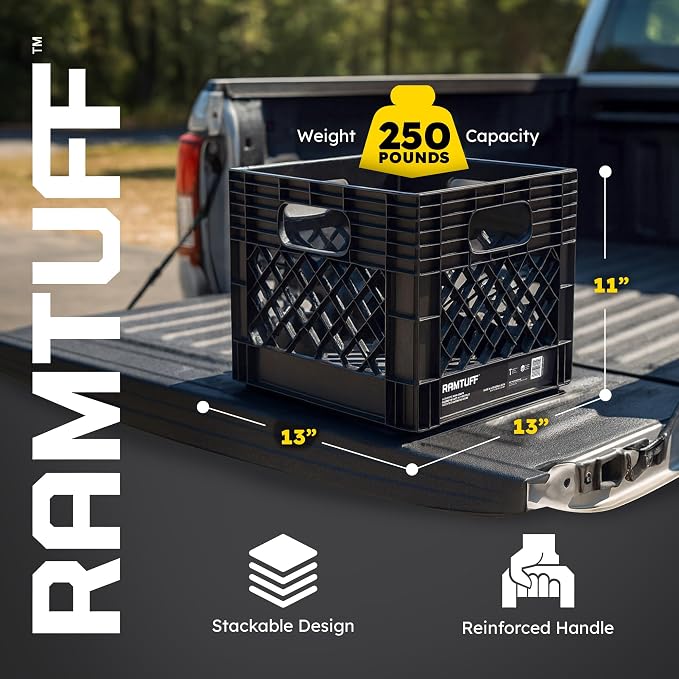 1 Pack Storage Milk Crate, Durable Plastic Home Organizers, Stackable Box Set with Reinforced Handles, 250 lb Load Capacity, Black - Image 2