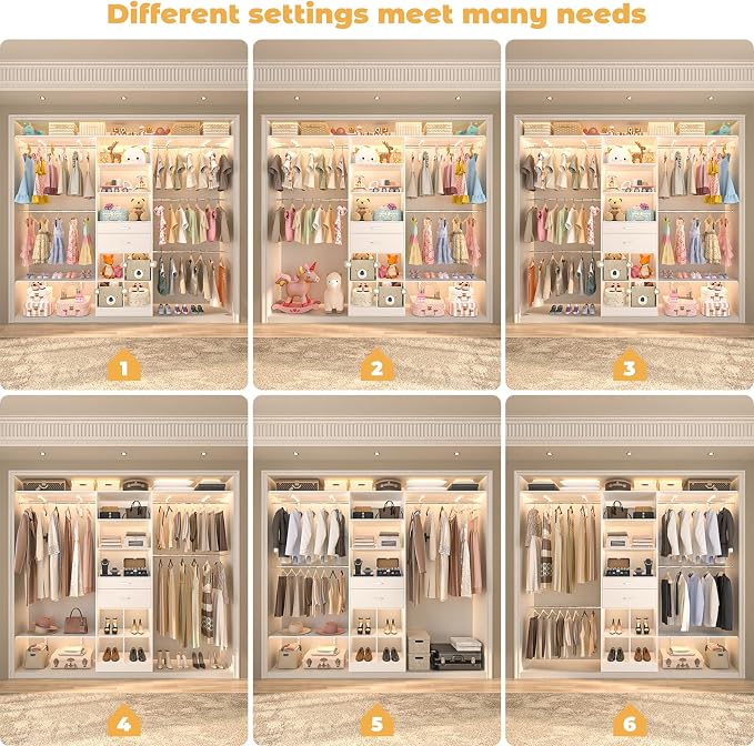 Besiost Closet System - 8FT Closet Organizer System with Wooden Drawers, 96" Closet Systems for Walk-In Closets with Cuttable Hanging Shelving, White - Image 5