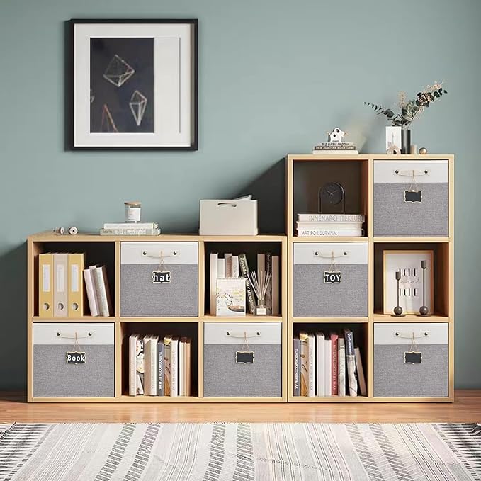 13x13x13 Storage Cube Bins 4 Pack,Collapsible Fabric Storage Cubes with Labels,Linen Cube Storage Organizer Bins with Cotton Handles,Square Storage Cubes for Home,Office,Clothes,Cabinet(White Grey). - Image 3