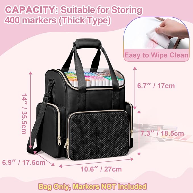 Rexmica Double Layer Marker Organizer Bag for 400 Markers, Black | Inner Dividers, Shoulder Strap, Large Marker Storage Case for Art Marker/Coloring Book/Painting Supplies, Patented Design - Image 6