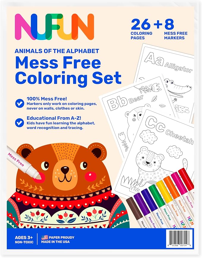 NuFun Activities Mess Free Coloring Set Animal Alphabet 8 Markers 8.5x11 | Mess-Free Coloring Formula, 8 Markers, No Mess on Skin/Clothes, Gift for Kids by NufunActivitesDesignPrintIronEnjoy