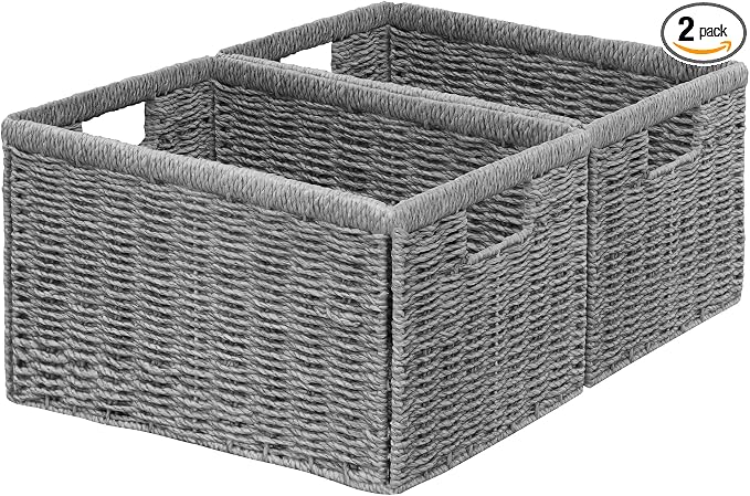 2 Packs Large Wicker Storage Basket, Closet Storage Baskets Bins for Shelves, Decorative Collapsible Baskets for Organizing Clothes Toy Nursery Bathroom Organizers and Storage, Grey by Vagusicc
