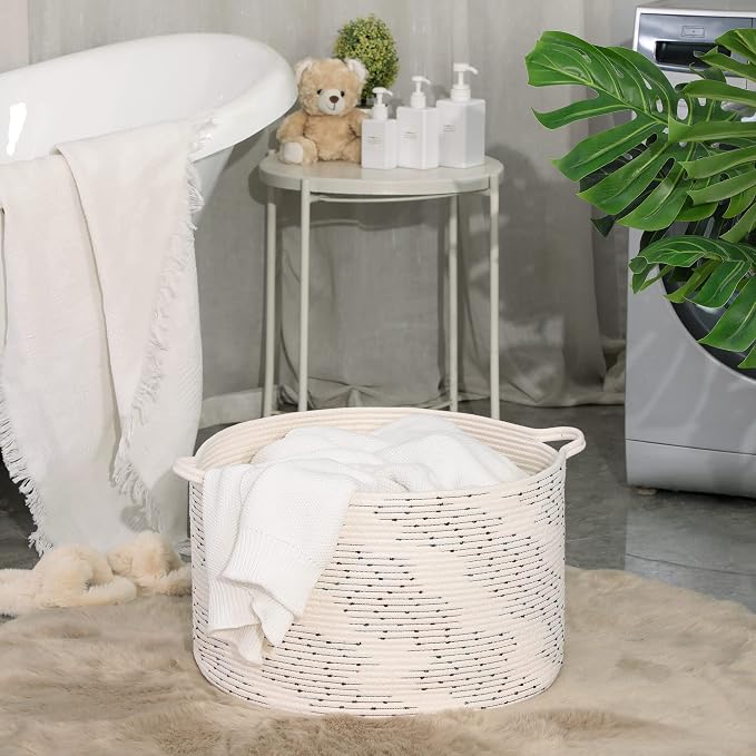 KAKAMAY Large Blanket Basket (20"x13"),Woven Baskets for storage Baby Laundry Hamper，Cotton Rope Blanket Basket for Living Room, Laundry, Nursery, Pillows, Off White with Blue & Brown Dotted Pattern | Extra Large Capacity | Natural Cotton Rope | Blanke... - Image 7