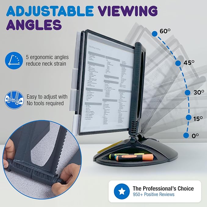 Ultimate Office AdjustaView Supply Base Desk Reference Display Organizer BK | 5 Adjustable Viewing Angles PLUS Functional Supply Storage Base, 10 Letter Size EZ-Load Black Pockets, Easy No Tool Assembly - Image 3