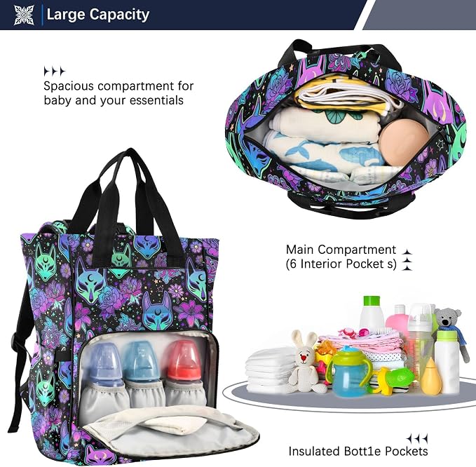 Mnsruu Diaper Bag Magic Purple Fox Camellia Large Changing Backpack Multifunction Travel Tote Mommy Bag Baby Diaper Backpack for Mom Dad - Image 4