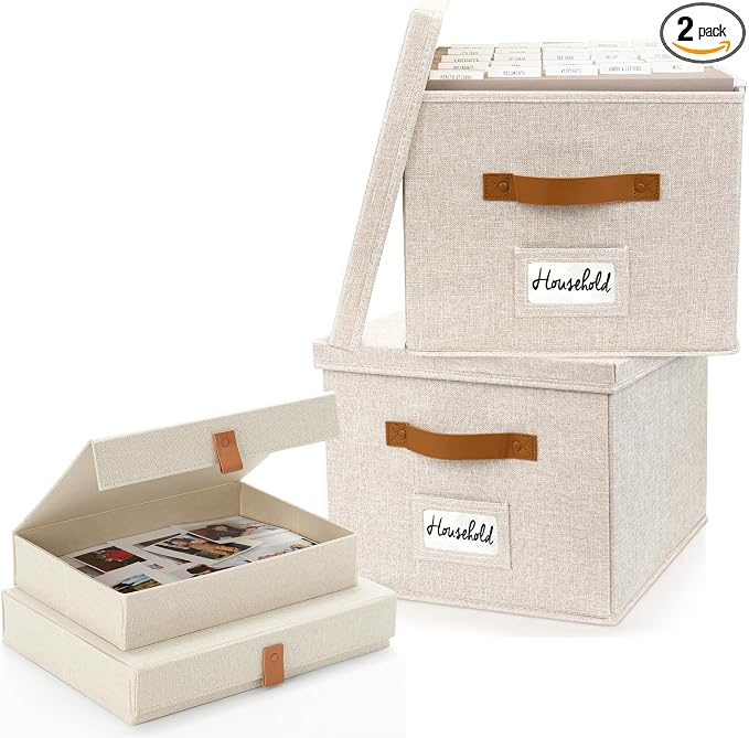 ZICOTO Decorative File Organizer Box Set of 2 and Photo Storage Boxes with Lids Bundle - Perfect to Safely Store Your Pictures, Documents, Scrapbooking Supplies, Keepsakes and Other Memories in Style by ZICOTO