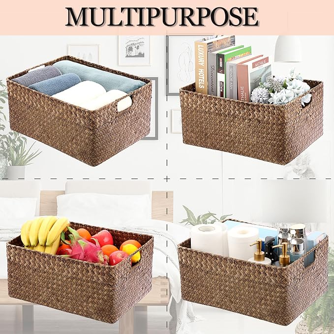 Hipiwe Seagrass Storage Baskets Bin for Shelf, X-Large Woven Wicker Basket | Rectangular Bathroom Baskets Organizer Built-in Handles, Multipurpose Storage Basket Bin, 16.1"L x11.8"W x7.7"H - Image 8