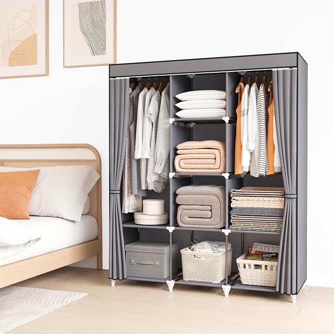 Portable Closet, Bedroom Wardrobe Closet for Hanging Clothes | 2 Hanging Rods, 8 Storage Organizer Shelves, Pipe Diameter 16mm, Durable and Easy to Assemble, Grey - Image 2