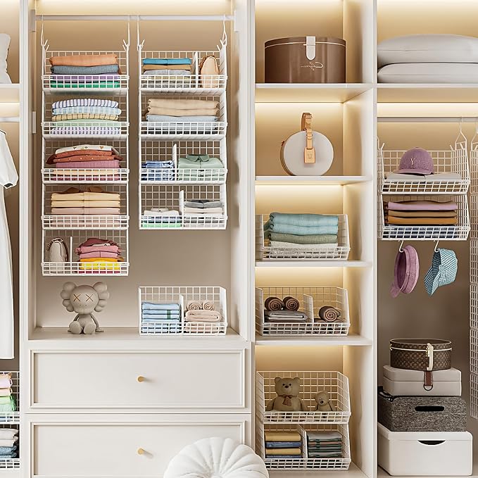6 Tier Extra Large Hanging Closet Organizer, Closet Storage Hanging with Dividers, Wire Closet Shelf with 5 S Hooks 4 Dividers,Sweater Handbag Hat Accessory Storage Hanger,White - Image 7