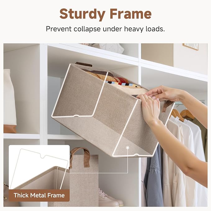 StorageWorks Large Fabric Storage Bins, Brown and Beige, 2-Pack | With Reinforced PU Handles, Metal Frame, Collapsible, Storage Basket for Shelves, Closet, Holds Clothes, Towels, Blankets - Image 4