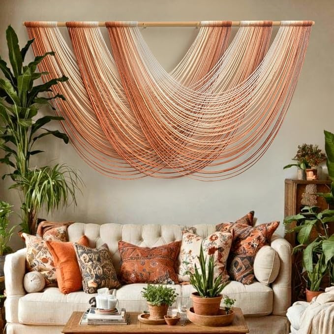 Macrame Wall Hanging Orange Boho Fiber Art Large Decor 57"W*31"L | Boho Wall Hanging, Large Wall Decor, Fiber Art Accent, Orange Design, Handmade Home Decor, for Bedroom Living Room by FLBER