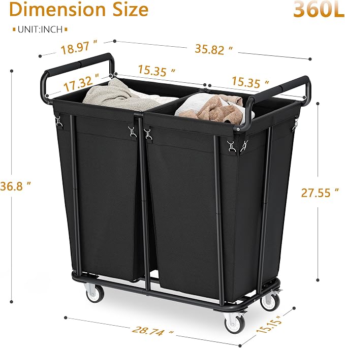 Gewudraw Heavy Duty Laundry Hamper with Wheels 2 Section, 360L, Black | Big Rolling Laundry Basket Sorter Cart, Extra Large Clothes Hamper, Laundry Basket Organizer for Laundry Room, Bathroom - Image 8