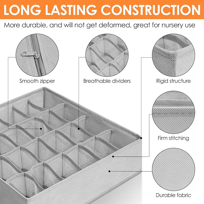 6 Pack Sock Underwear Drawer Organizer Dividers, 58 Cell Foldable Fabric Dresser Closet Organizers and Storage Bins for Clothing, Baby Clothes, Bra, Panty, Scarf, Ties (Grey) - Image 5