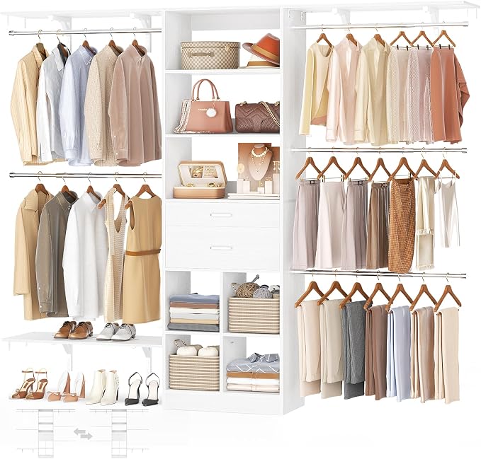 Besiost Closet System - 8FT Closet Organizer System with Wooden Drawers, 96" Closet Systems for Walk-In Closets with Cuttable Hanging Shelving, White by Besiost