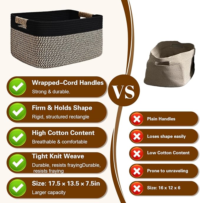 3 Pack Large Storage Basket for Organizing, 17.5"x13"x7" Woven Basket for Shelves, Closet Cube Storage Bins with Wrapped Handle, Cotton Rope Baskets for Kitchen, Clothes, Toys(Black & Brown) - Image 5