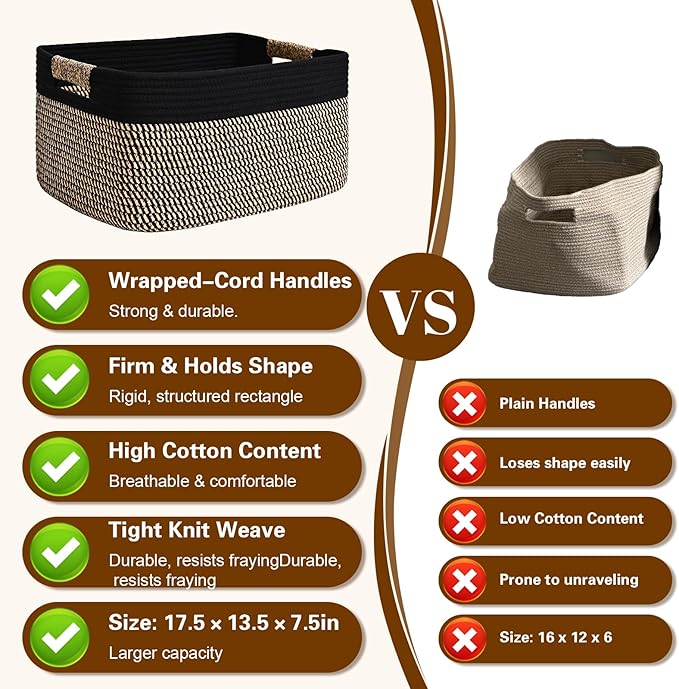 4 Pack Large Storage Basket for Organizing, 17.5"x13"x7" Woven Basket for Shelves, Closet Cube Storage Bins with Wrapped Handle, Cotton Rope Baskets for Kitchen, Clothes, Toys(Black & Brown) - Image 5