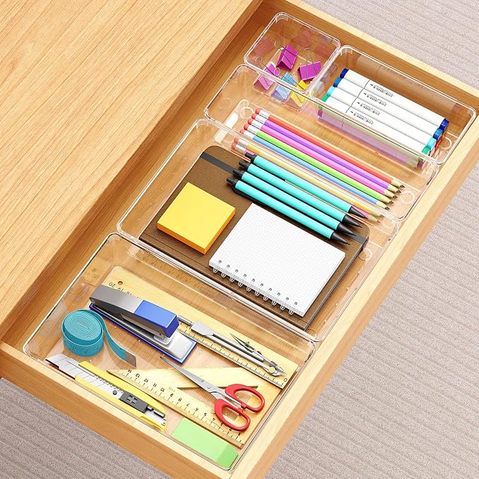 Manalete 65 Pcs Clear Plastic Drawer Organizer, Makeup & Vanity Organizer | 4-Size Versatile Desk Organizer & Storage Bins for Kitchen, Bathroom, Office, Jewelries, Easy Clean, Stackable, BPA-Free - Image 4