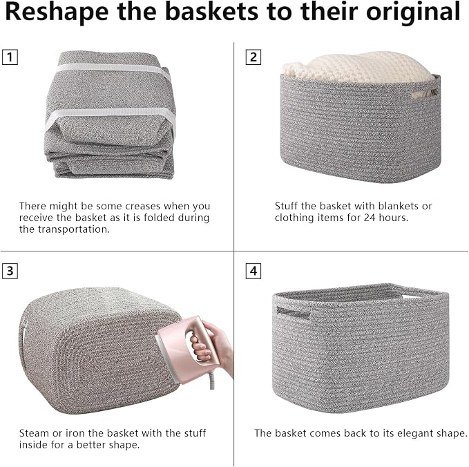 OIAHOMY 4 Pack Storage Baskets for Organizing 15L Cube Storage Bins Grey | Woven Baskets for Storage Rectangle Small Baskets With Handles Baskets for Shelves Wicker Baskets for Shelves 12.7x9x7.8inch - Image 7