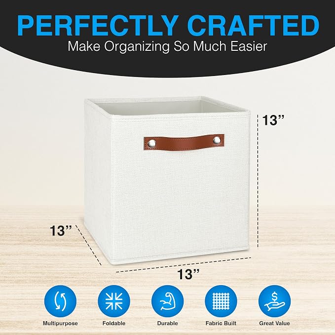 13x13 Storage Cubes - 6 Pack - Linen Fabric 13 Inch Cube Storage Bins for Bedroom, Living Room, Clothes and Toys; Foldable, Dual Leather Handles - Image 4
