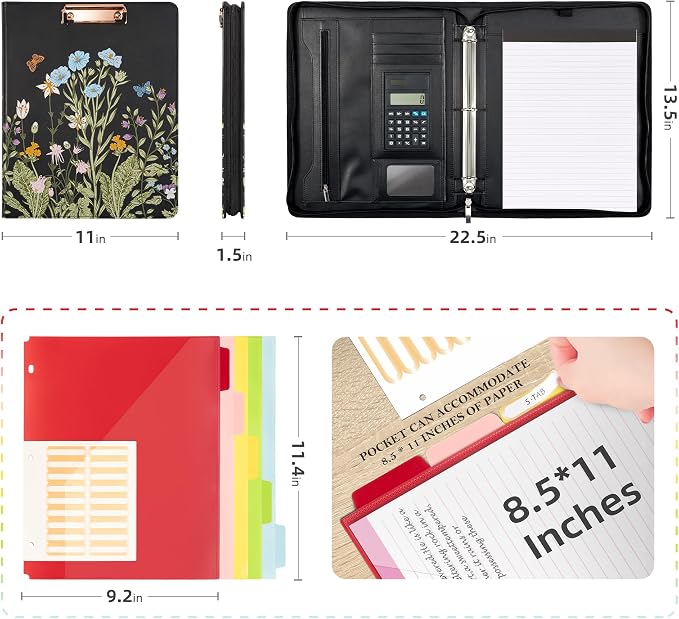 Ospelelf Leather Portfolio Folder with Zipper - 3 Ring Binder with Clipbard - Calculator, 12.1” Tablet Sleeve, 5 Dividers with 10 Pockets, Refillable Notepad, Card Holder (Bushes) - Image 2