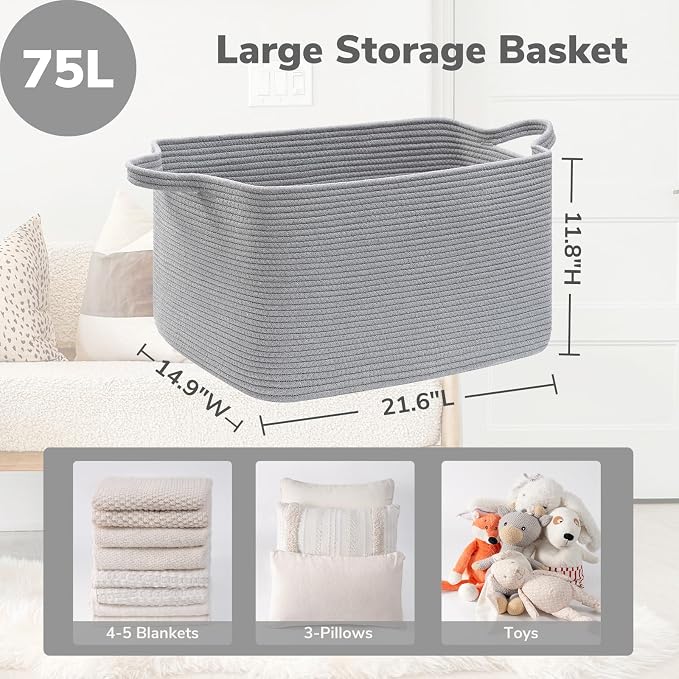 Goodpick Large Woven Rope Blanket Basket, Rectangle, Gray, 75L | 21.6'' x 14.9'' x 11.8'' Storage Basket for Toys, Blankets & Towels, Living Room & Nursery Organization, Reinforced Handles - Image 3
