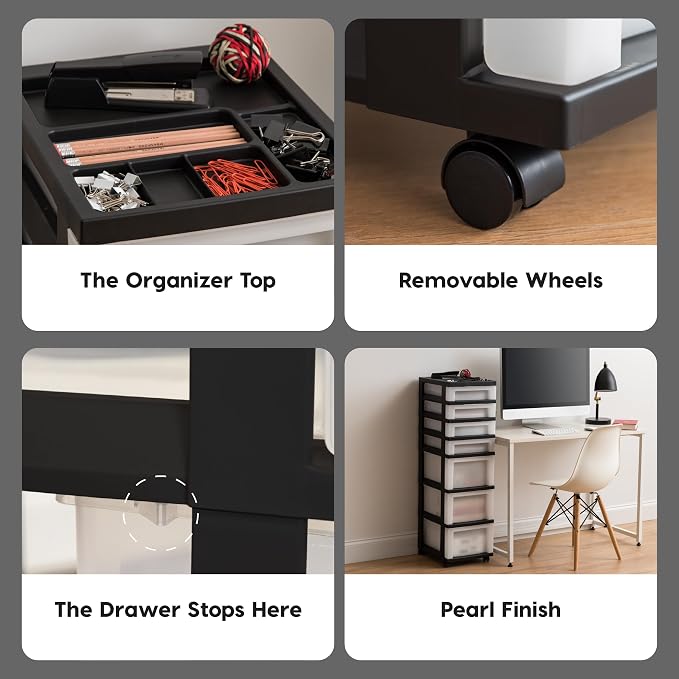IRIS USA 7-Drawer Rolling Storage Cart, Black/Pearl | Keep classroom supplies, teacher essentials, craft materials, and learning tools organized with easy-access drawers. - Image 8