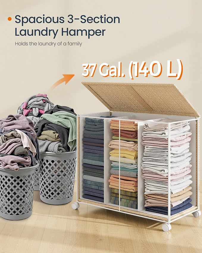 SONGMICS HOME Laundry Hamper with 3 Section, 140 L, Rattan, with Wheels | Rolling Clothes Basket with Lid, Removable Liner with Handles, Natural Beige and Matte White, PEZZO Collection ULCB602N01 - Image 5