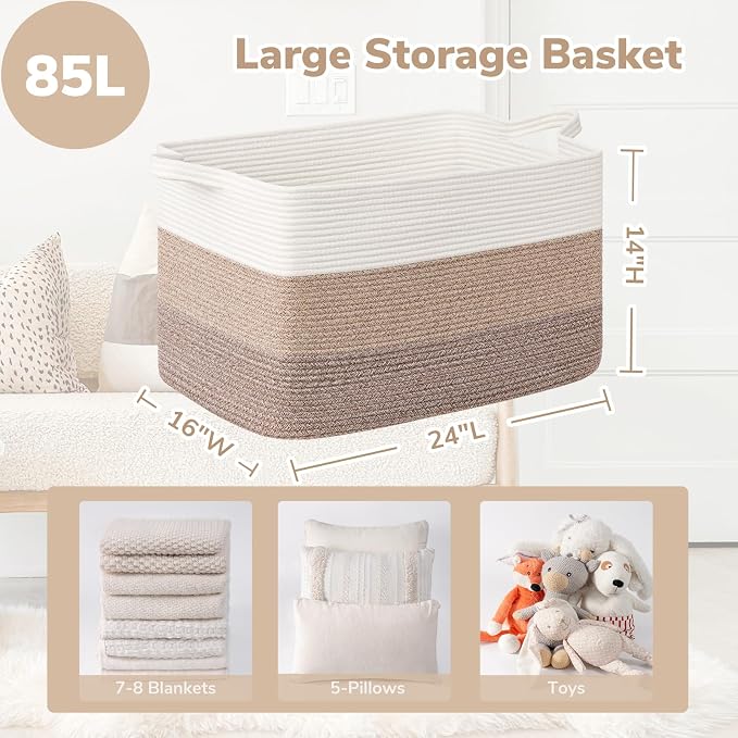 Goodpick Large Woven Blanket Basket 23.6" x 15.7" x 13.8" Cotton Rope Storage Organizer for Dirty Clothes Pillows, Soft Toy Storage Basket for Nursery Home Decor, White & Light Brown - Image 3