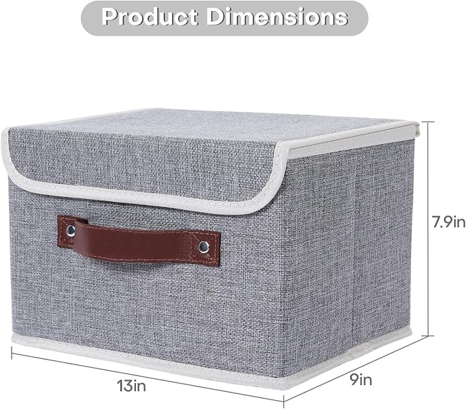 ANMINY Fabric Storage Box Bins with Lids, Gray, 13"x9"x7.9", 2 Pack | Keepsake Memory Storage, Cotton Linen, PP Board Reinforced, Washable, PU Handles, Foldable & Stackable, Decorative, Medium - Image 5