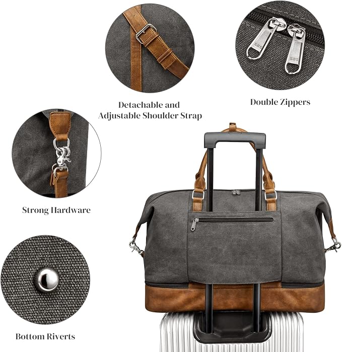 S-ZONE Weekender Bags for Women and Men Travel Duffel Bags with Shoe Compartment Overnight Carry on Duffle Tote Bag | Soft Canvas and Leather Trim, with Toiletries Bag,Carry-on Size,Trolley Sleeve,Adjustable Shoulder Strap,Shoe Compartment - Image 4