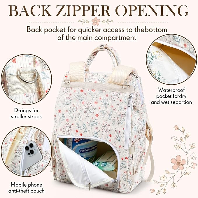 Light White Corduroy Floral Diaper Bag Backpack for Mom Large Capacity Multifunction Travel Backpack for Women, Cute Diaper Bag - Image 4