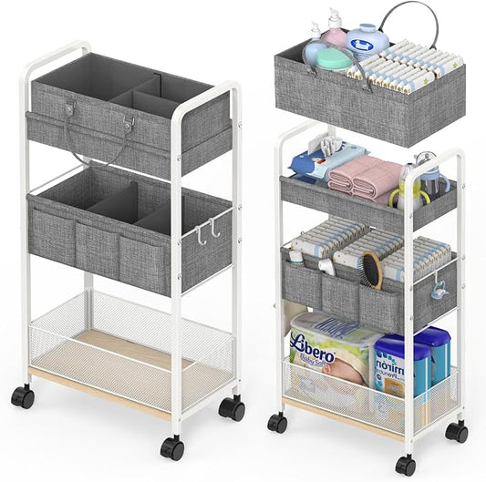 2In1 Baby Diaper Caddy & 3-Tier Rolling Diaper Cart, Diaper Caddy Organizer Cart with Dividers, Metal Detachable Bedside Cart for Baby Nursery Essentials, Large Capacity, Easy to Assemble, White by LIDTOP