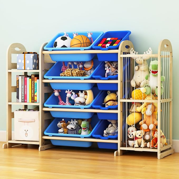Toy Storage Organizer, Toy Organizers and Storage with Stuffed Animal Storage, Kids Toy Storage Shelf with 3 Shelves 8 Storage Bins, Kids Bookshelf, Toy Holder for Playrooms, Bedrooms, Blue - Image 3