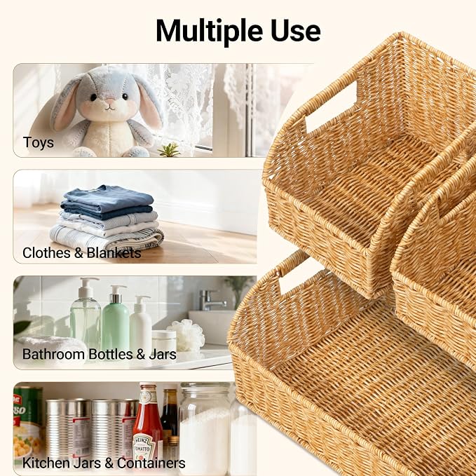Brownlily Faux Wicker Pantry Storage Baskets, Natural-Single Set (3-Piece) | Handwoven Baskets for Organizing with Built-in Handles, All-Purpose Storage Baskets with Chalkboard for Shelves,Laundry Room - Image 4