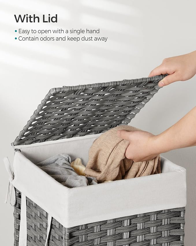 SONGMICS Laundry Hamper with Lid, 17.2 Gallon (65 L) Synthetic Rattan Clothes Laundry Basket with Lid and Handles, Foldable, Removable Liner, Dove Gray ULCB165G01 - Image 3