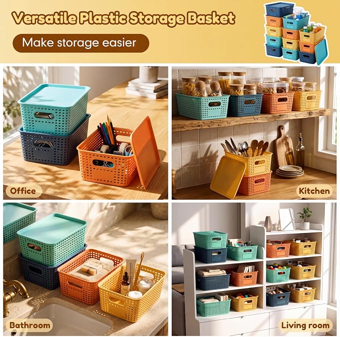 12 Pack Plastic Storage Baskets with Lids Stackable Organizing Bins Storage Baskets Organizers and Containers for Closet, Pantry, Office, 10.2 x 7.2 x 4.1 Inches(Boho Color) - Image 4