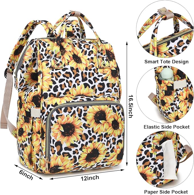 Leopard Sunflower Baby Diaper Bag Backpack for Girls Boys, Waterproof Large Maternity Nappy Bags for Mom - Image 5
