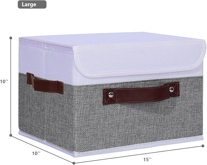 ANMINY Fabric Storage Box Bins with Lids, Gray White, 15"x10"x10", 4 Pack | Keepsake Memory Storage, Cotton Linen, PP Board Reinforced, Washable, PU Handles, Foldable & Stackable, Decorative, Large - Image 5
