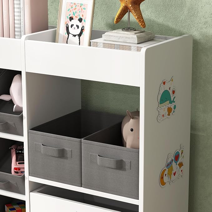 Qaba Toy Storage Organizer with 6 Shelves and 11 Fabric Bins, White | Moveable Toy Storage Cabinet, 3 Stickers, Kids Bookcase, Nursery, Playroom, Bedroom - Image 9