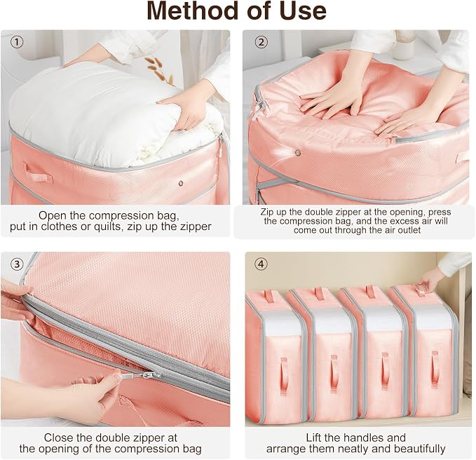 2 Pack Compression Storage Bags - 110L Large Capacity Comforter Storage Bag, 3-Layer Washable Ultra Space Saving Self Compression Organizer Space Bags for Blankets, Sweaters, Sheets, Pink - Image 4