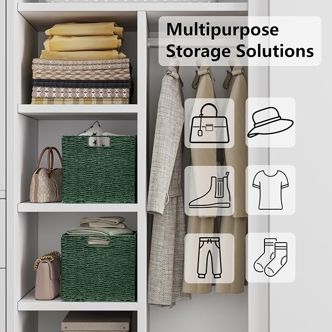 Wicker Storage Basket, Set of 2 Hand-Woven Paper Rope Wicker Baskets, Foldable Cube Storage Bins, Square Storage Baskets for Organizing Shelves & Decor, Green (11″×11″×11″) - Image 7