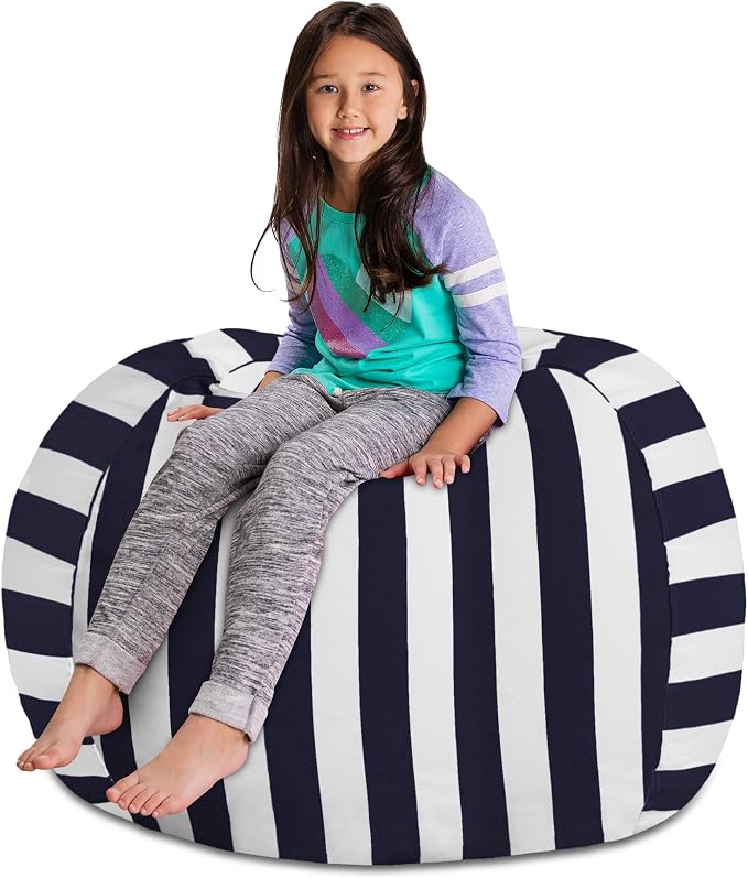 Posh Stuffable Kids Stuffed Animal Storage Bean Bag Chair Cover - Childrens Toy Organizer, X-Large 48" - Canvas Stripes Blue and White - Image 4